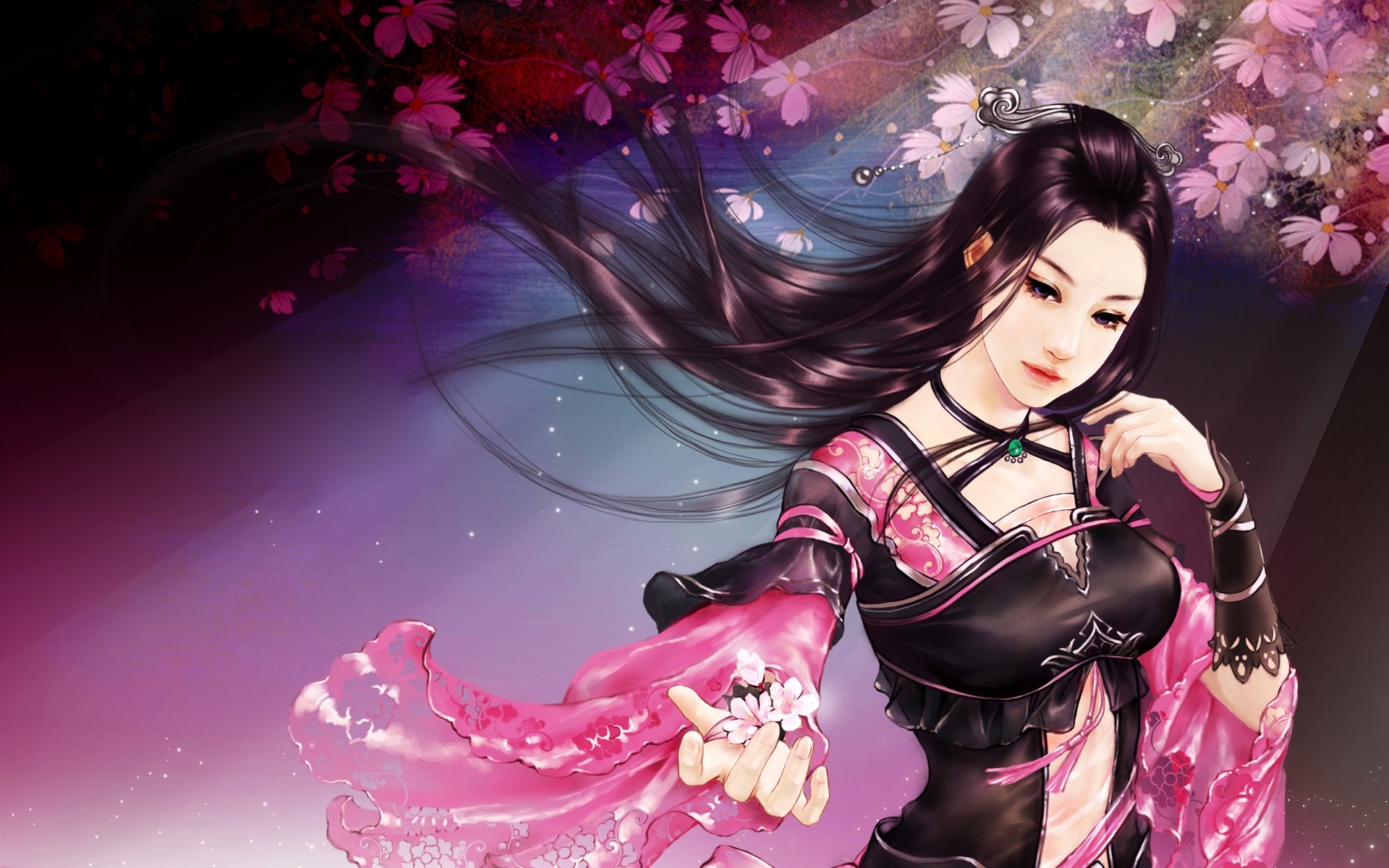 Fantasy art of a woman with black hair and pink dress HD Wallpaper