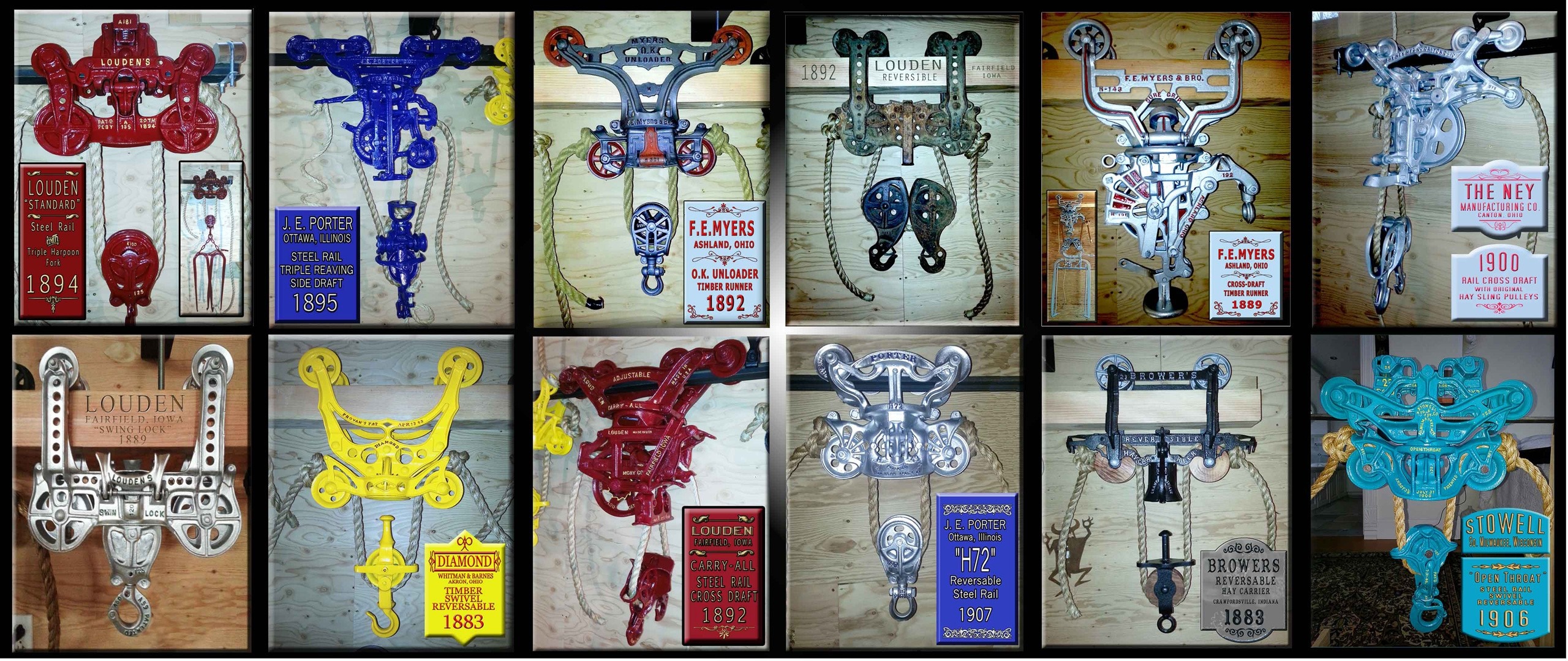 Collage of antique hay trolleys and pulleys HD Wallpaper