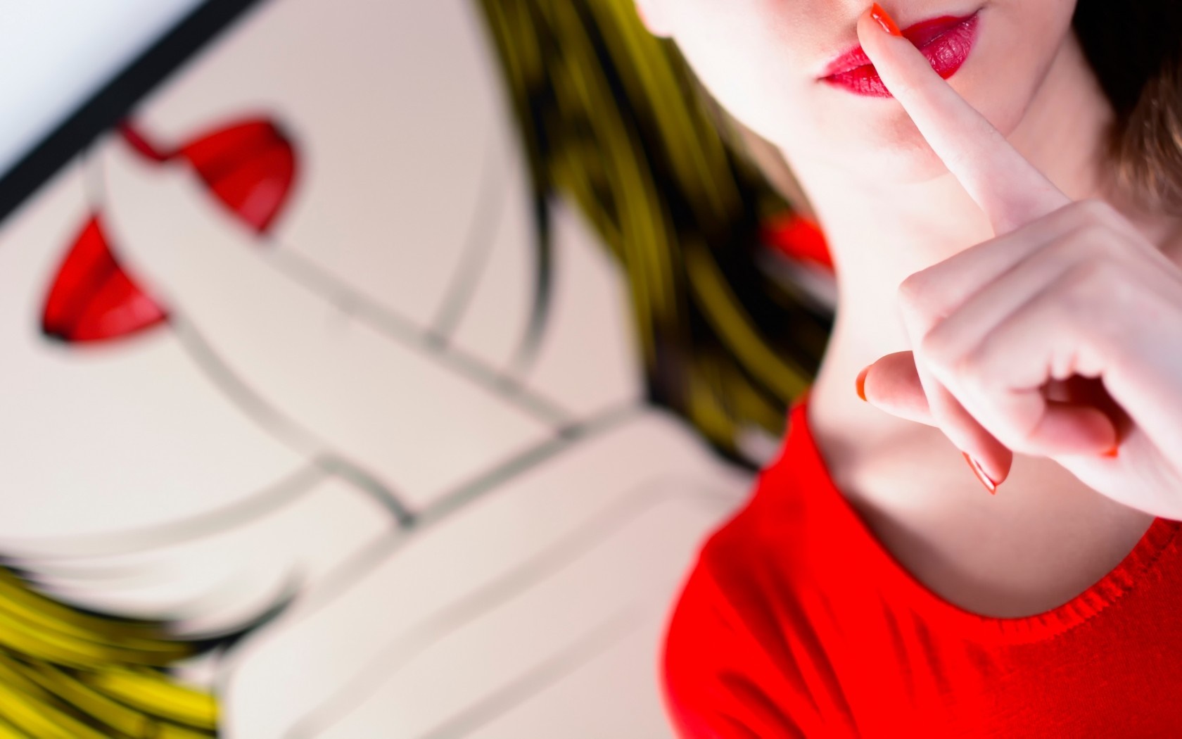 Woman with finger on lips in front of pop art HD Wallpaper
