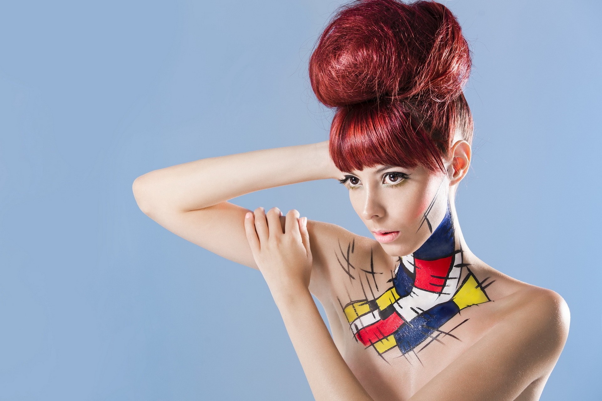 Model with abstract body paint and red updo HD Wallpaper