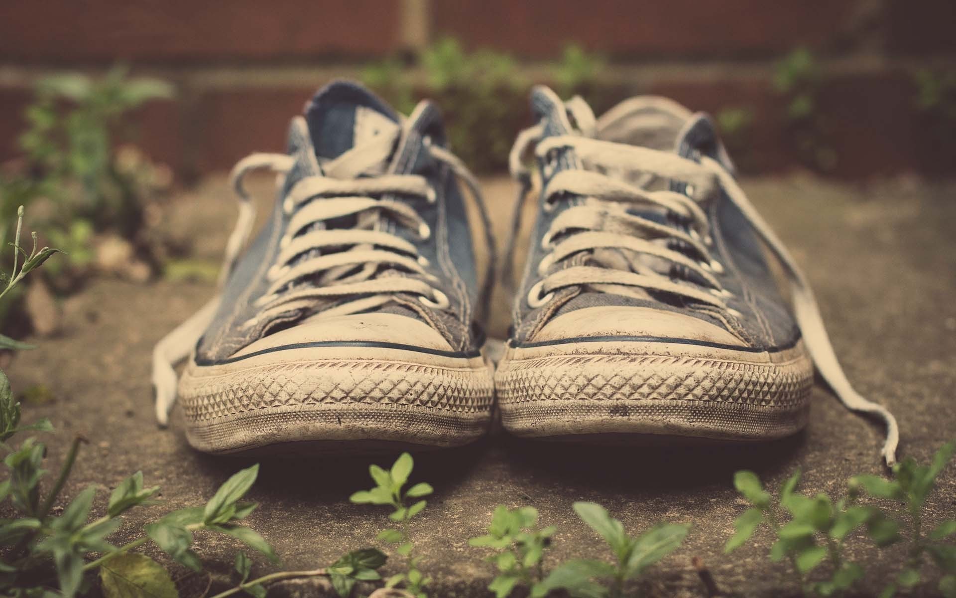 Pair of blue Converse sneakers on concrete HD Wallpaper
