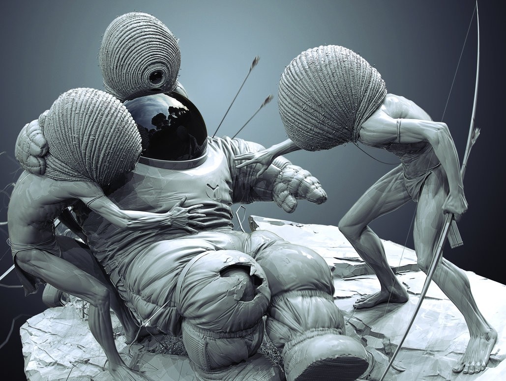 Astronaut attacked by alien creatures with bows HD Wallpaper