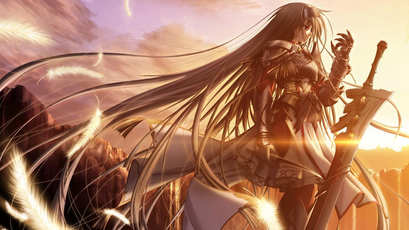 Anime woman warrior with sword and feathers HD Wallpaper
