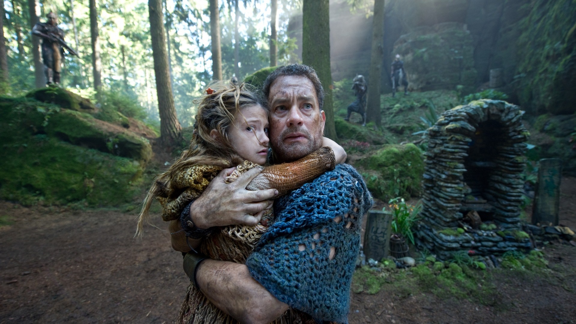 Man holding a girl in a forest with aliens HD Wallpaper