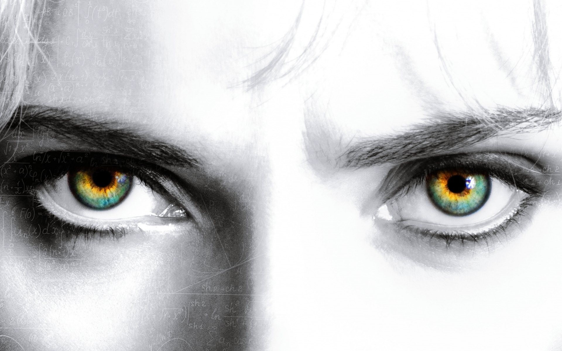 Close up of a woman's eyes with mathematical formulas HD Wallpaper
