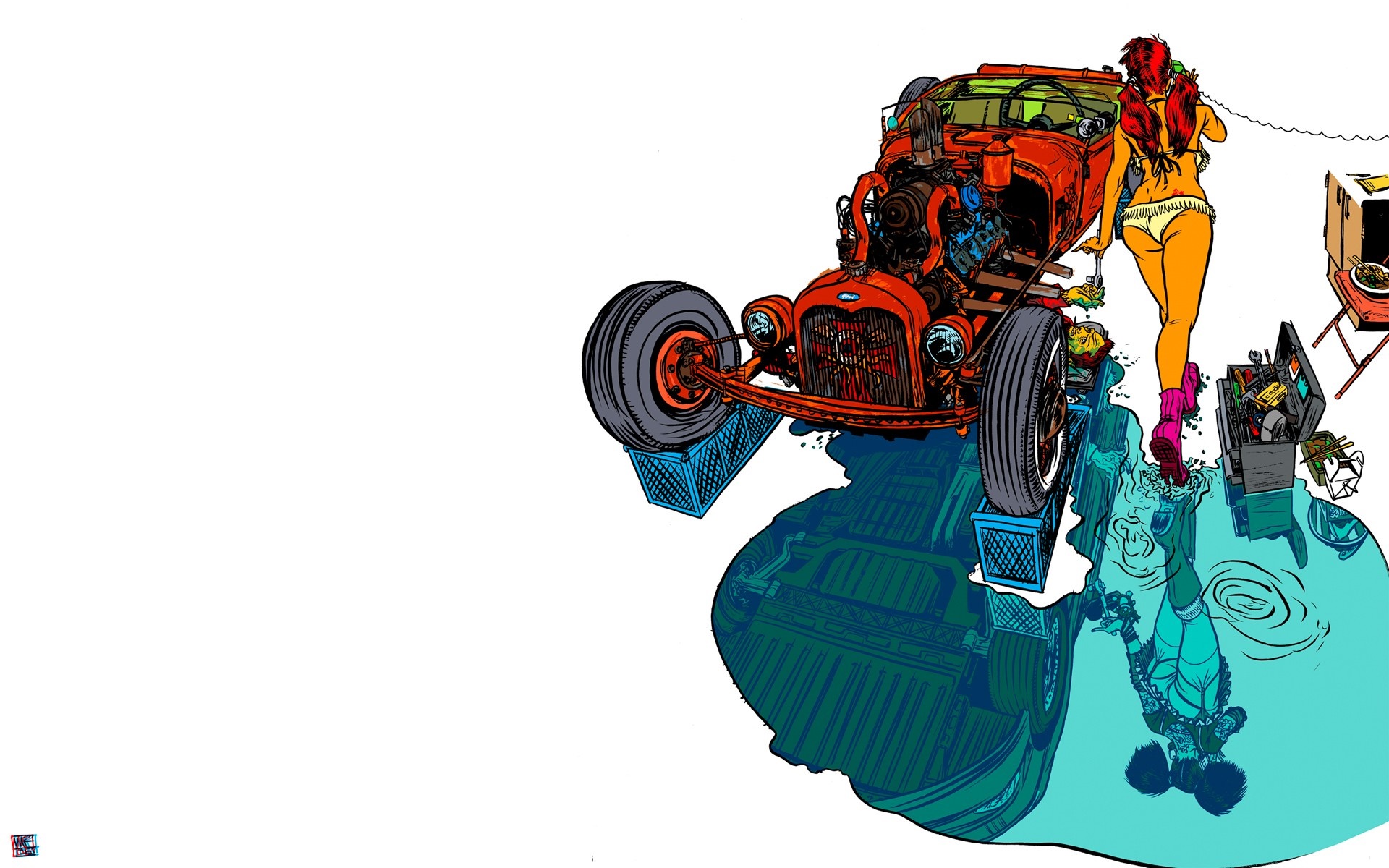 Woman in bikini working on a hot rod car HD Wallpaper