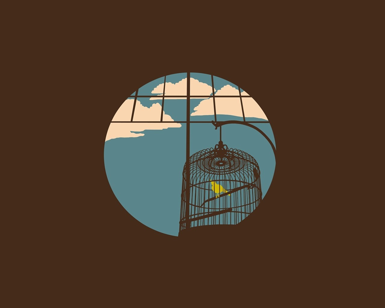 Yellow bird in a cage viewed through a circular window HD Wallpaper