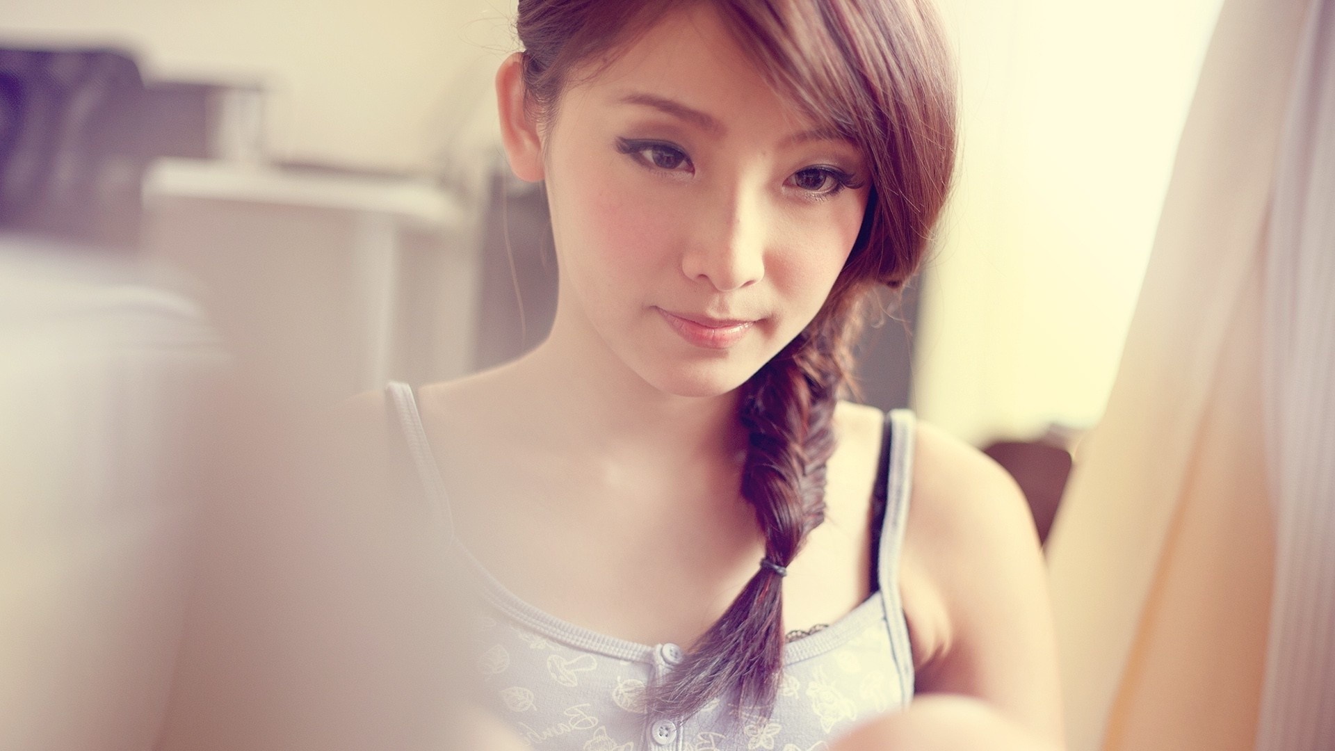 Asian woman with braided hair wearing a tank top HD Wallpaper