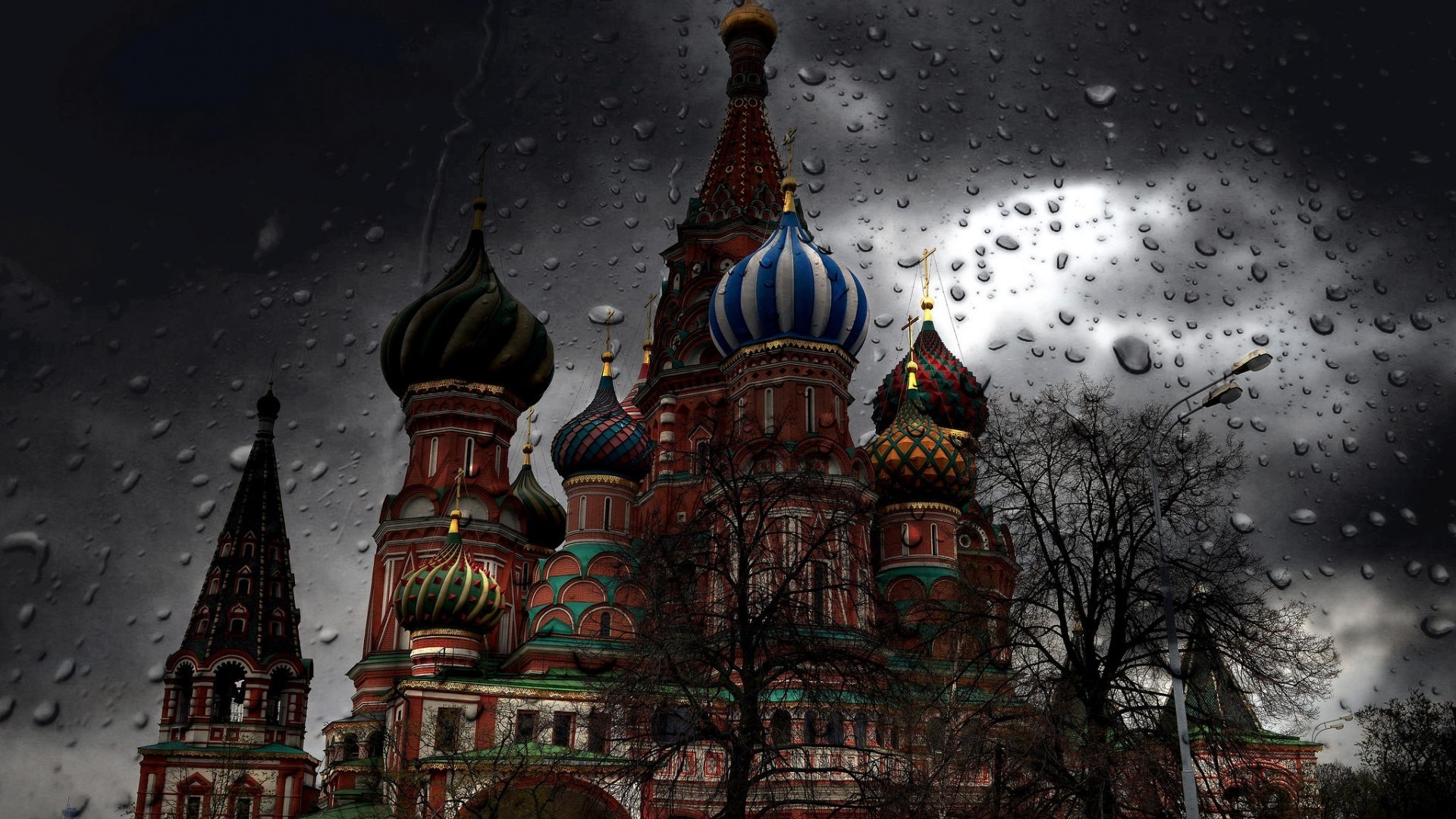 Saint Basil's Cathedral in Moscow during a rainstorm HD Wallpaper