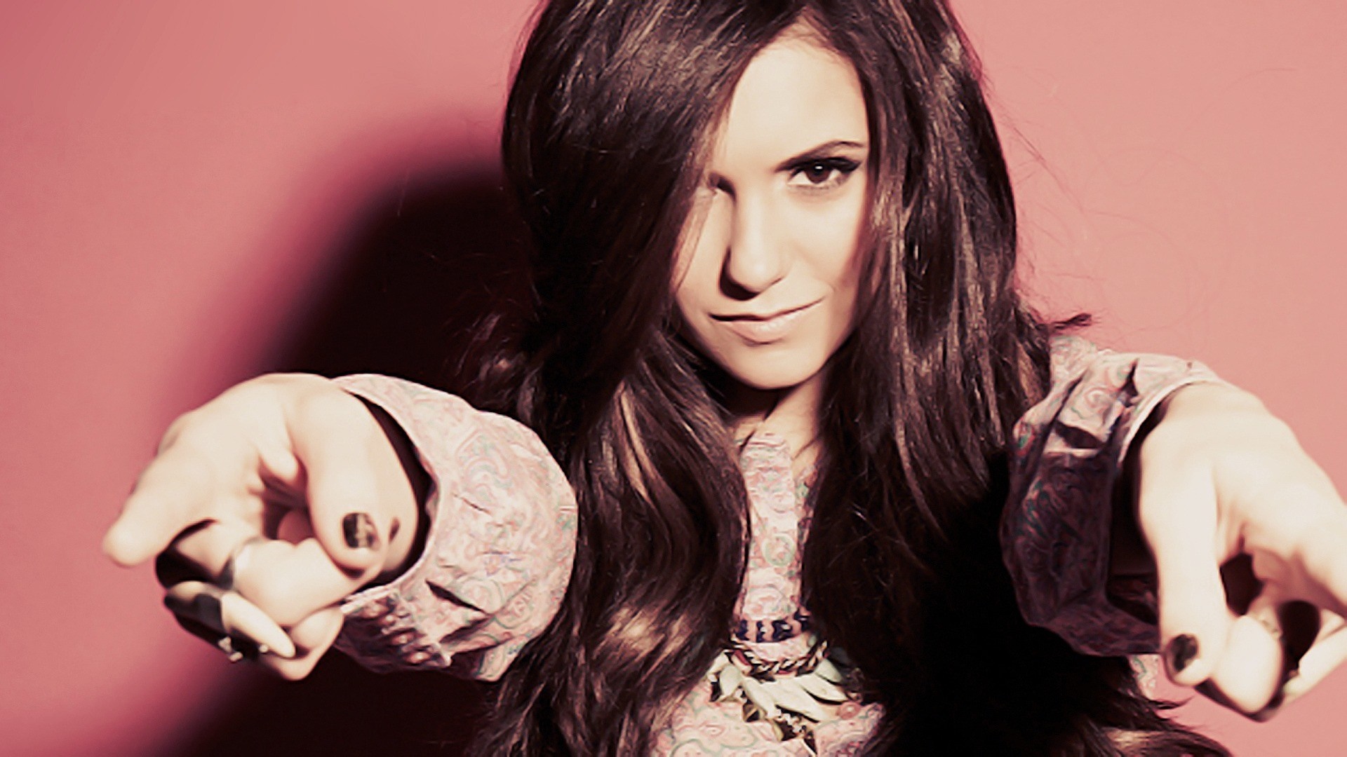 Woman with long brown hair pointing forward HD Wallpaper