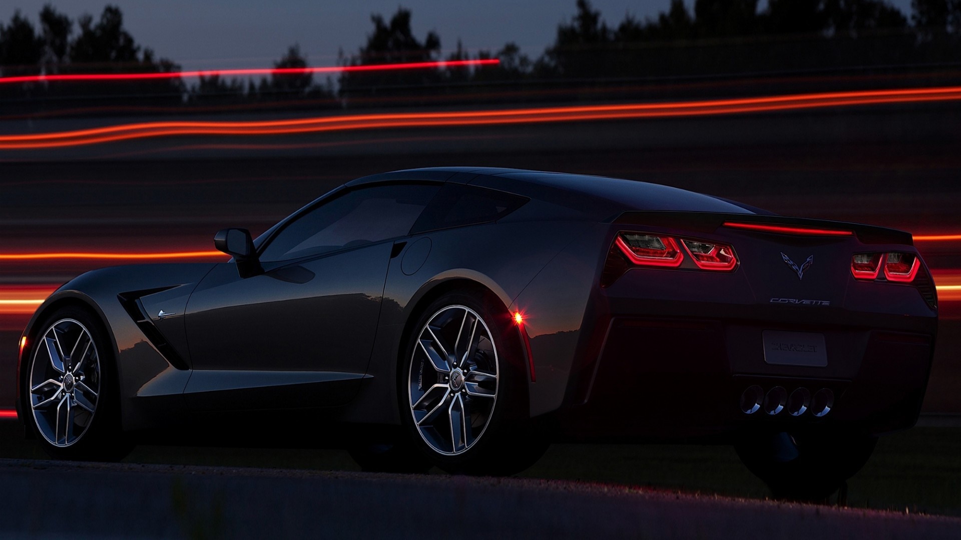Dark Gray Chevrolet Corvette Stingray at Night HD Wallpaper