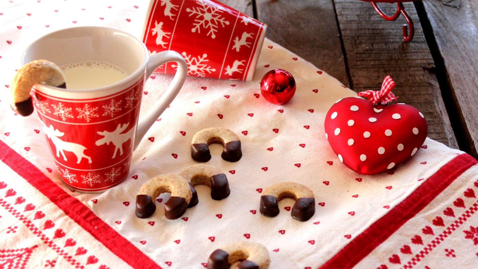 Christmas cookies and milk with festive decorations HD Wallpaper