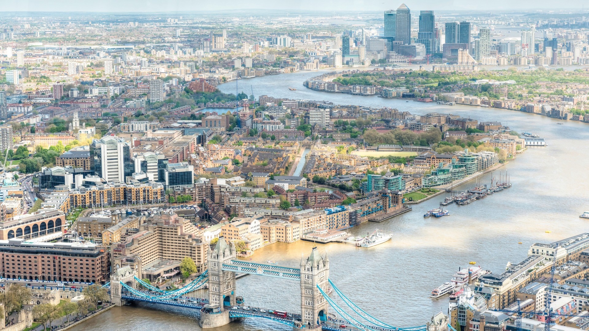 Aerial view of London cityscape with River Thames and Tower Bridge HD Wallpaper