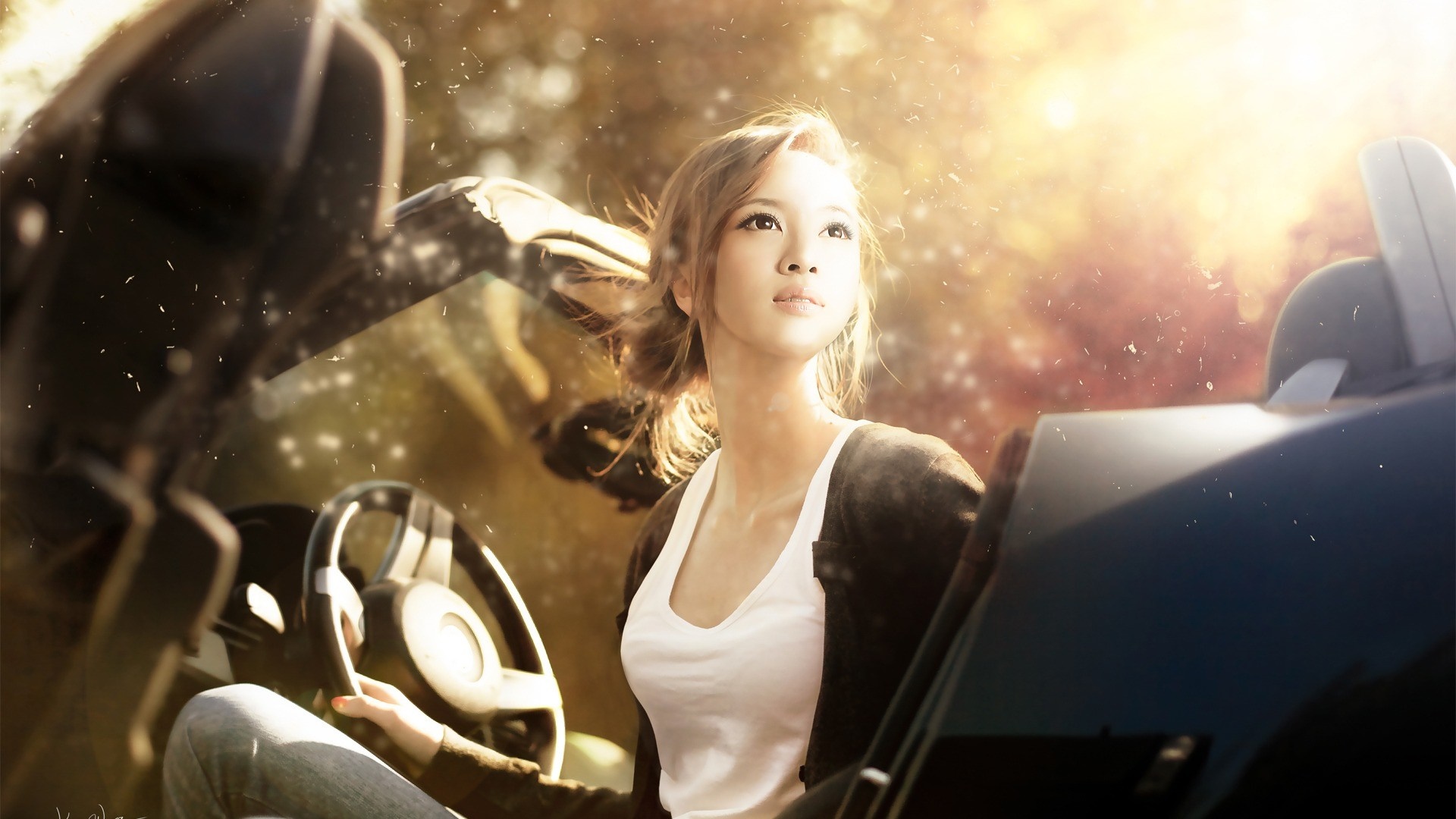 Asian woman in a car with sunlight HD Wallpaper