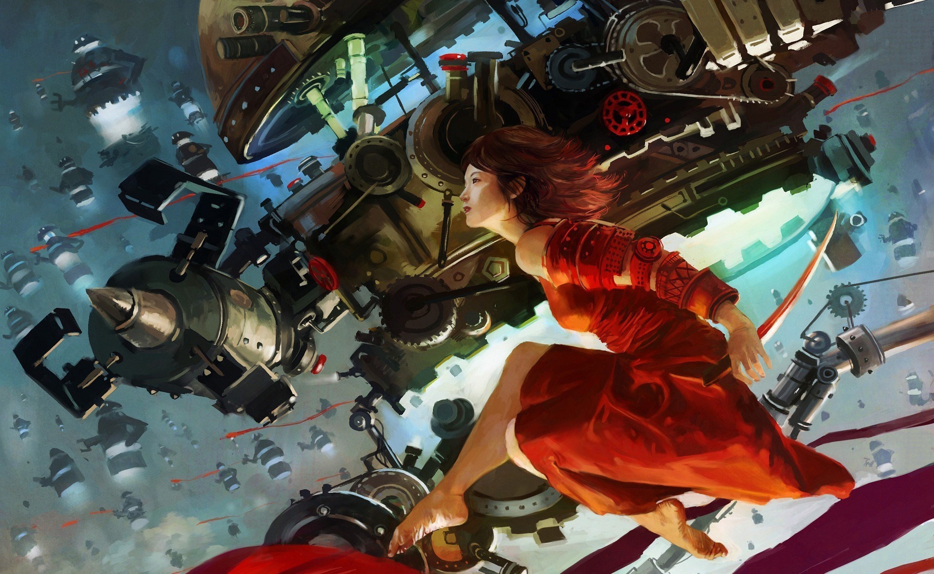Steampunk girl in red dress flying with mechs HD Wallpaper