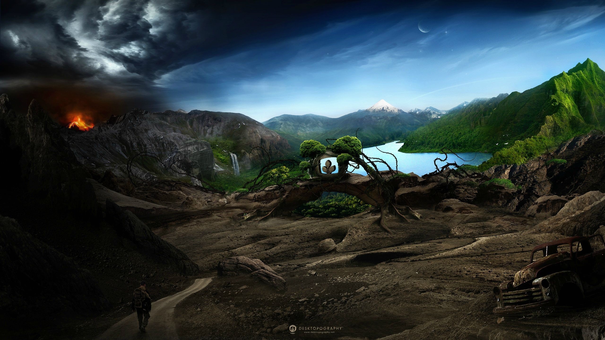 Volcano and serene landscape with old car HD Wallpaper