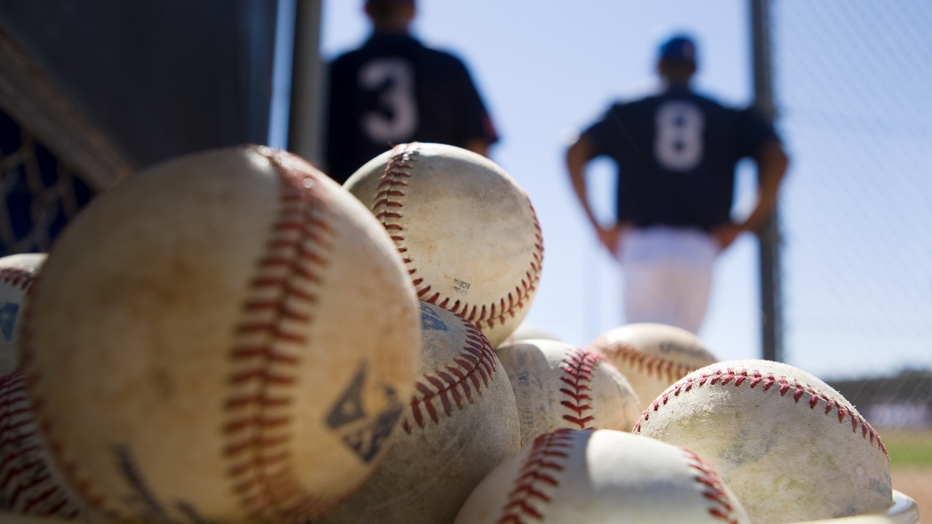 Baseball balls in a bin with players in the background HD Wallpaper