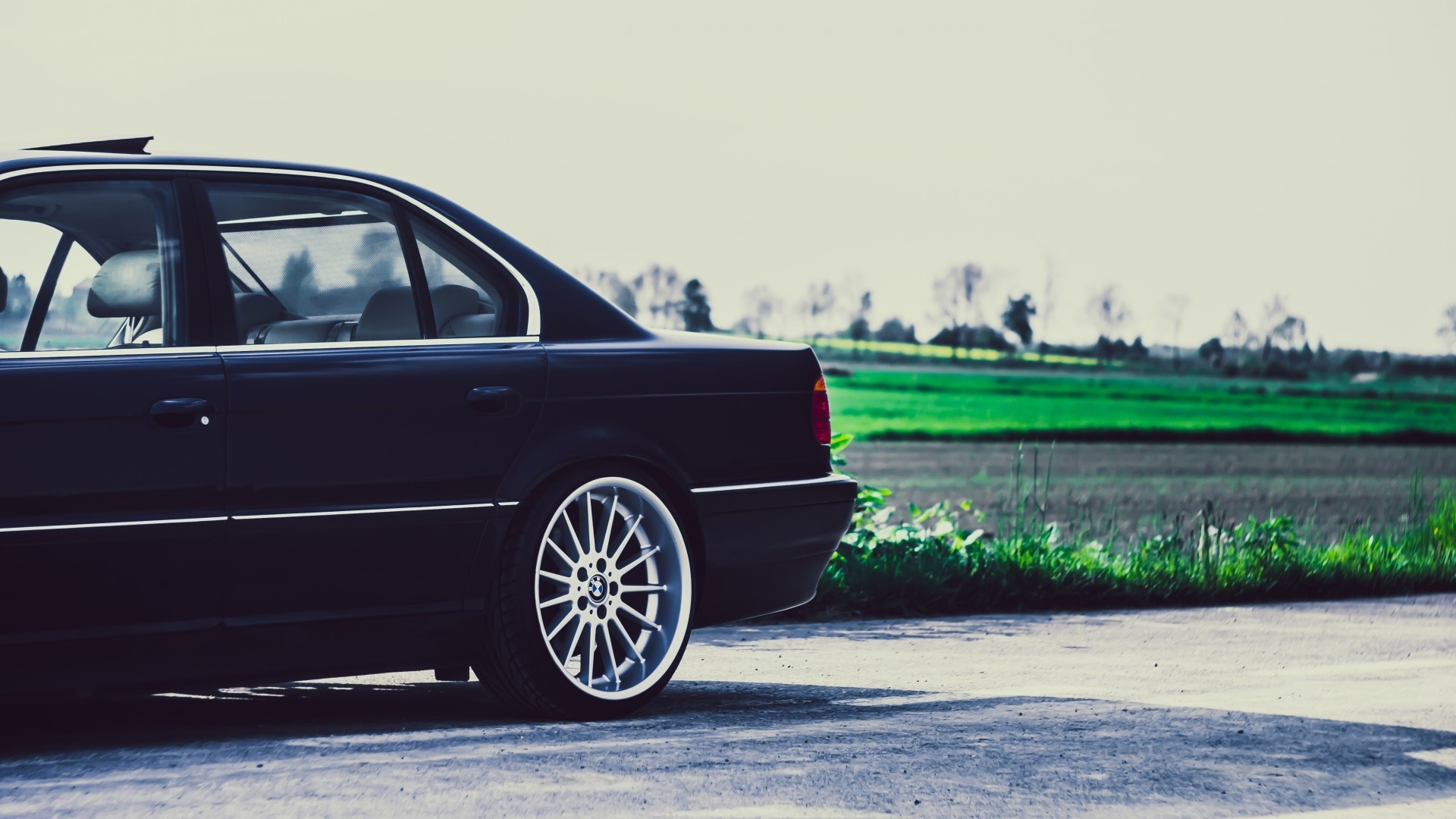 Dark BMW Sedan parked on a road with a field HD Wallpaper