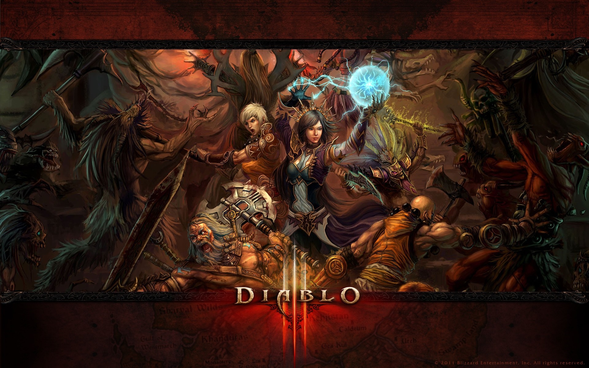 Diablo III characters fighting demons HD Wallpaper