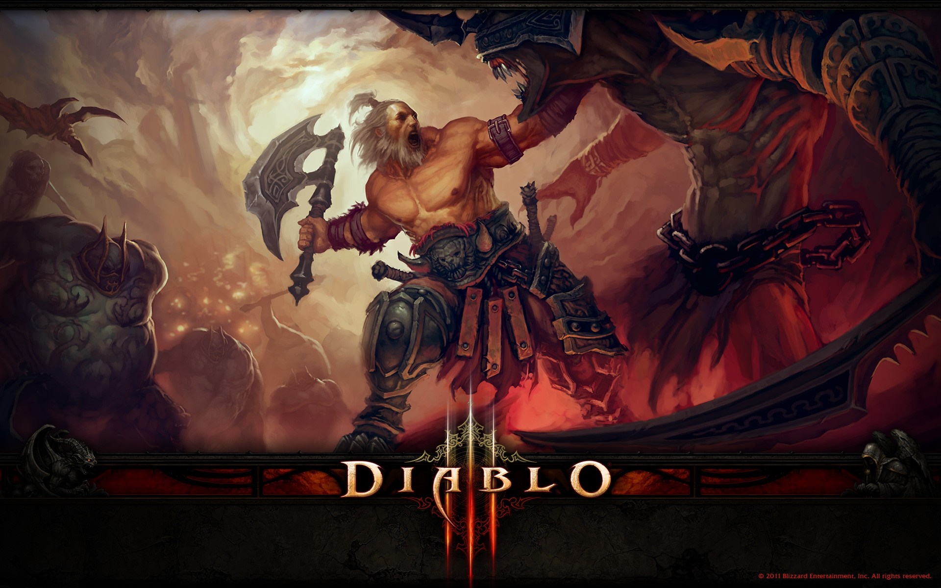 Diablo III: Barbarian fighting a demon HD Wallpaper