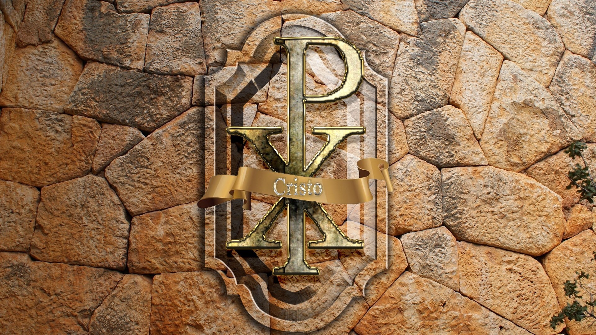 Chi Rho symbol with Cristo ribbon on stone wall HD Wallpaper