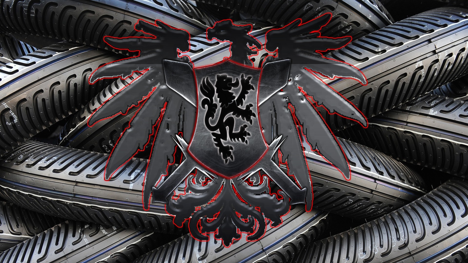 Coat of arms with lion and eagle over tires HD Wallpaper
