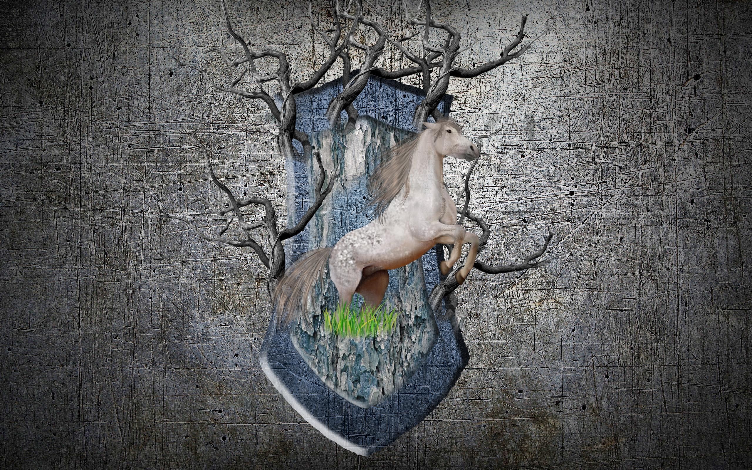 Horse emerging from a crest with branches HD Wallpaper