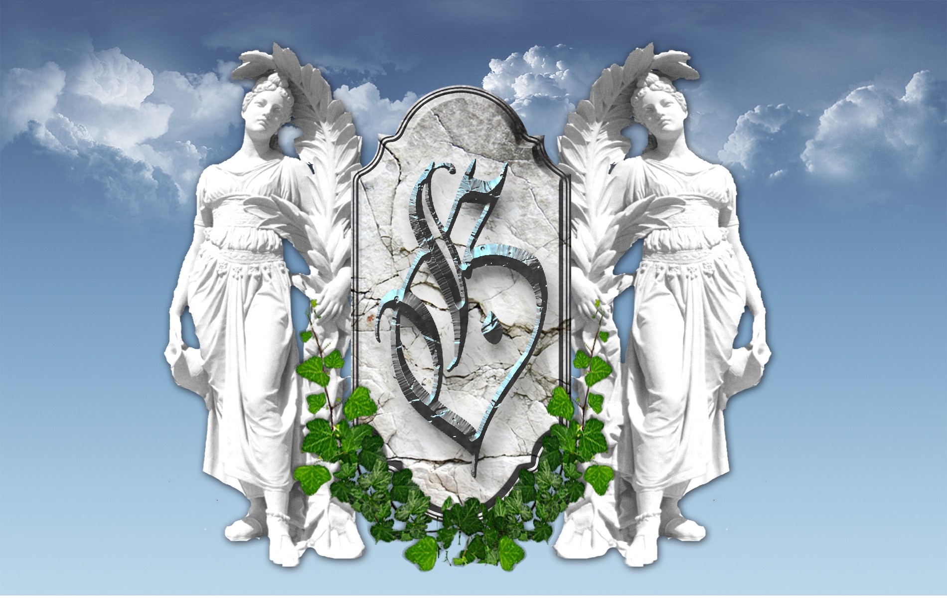 Two angels flanking a stone monument with a heart symbol HD Wallpaper
