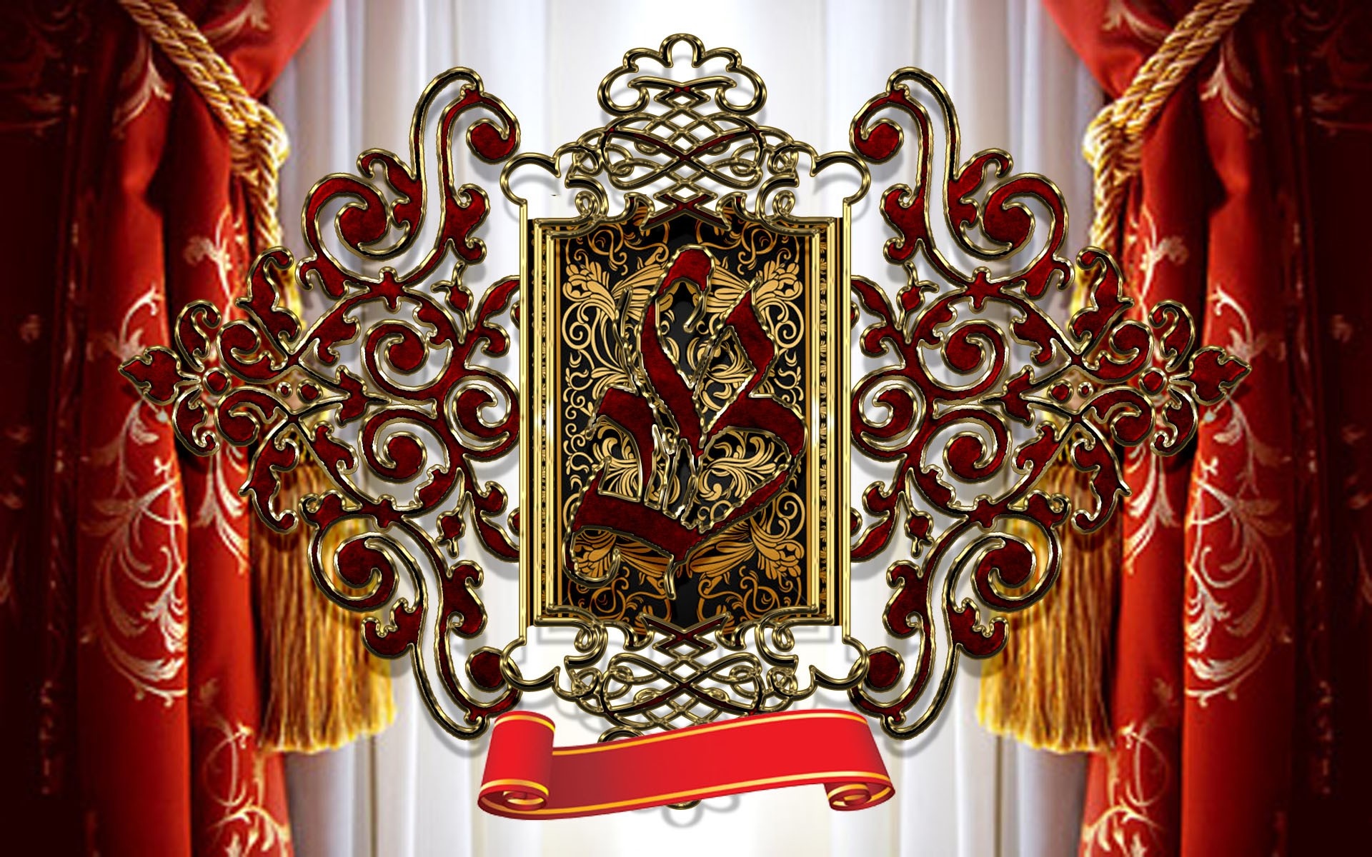 Ornate Emblem with Red Curtains HD Wallpaper