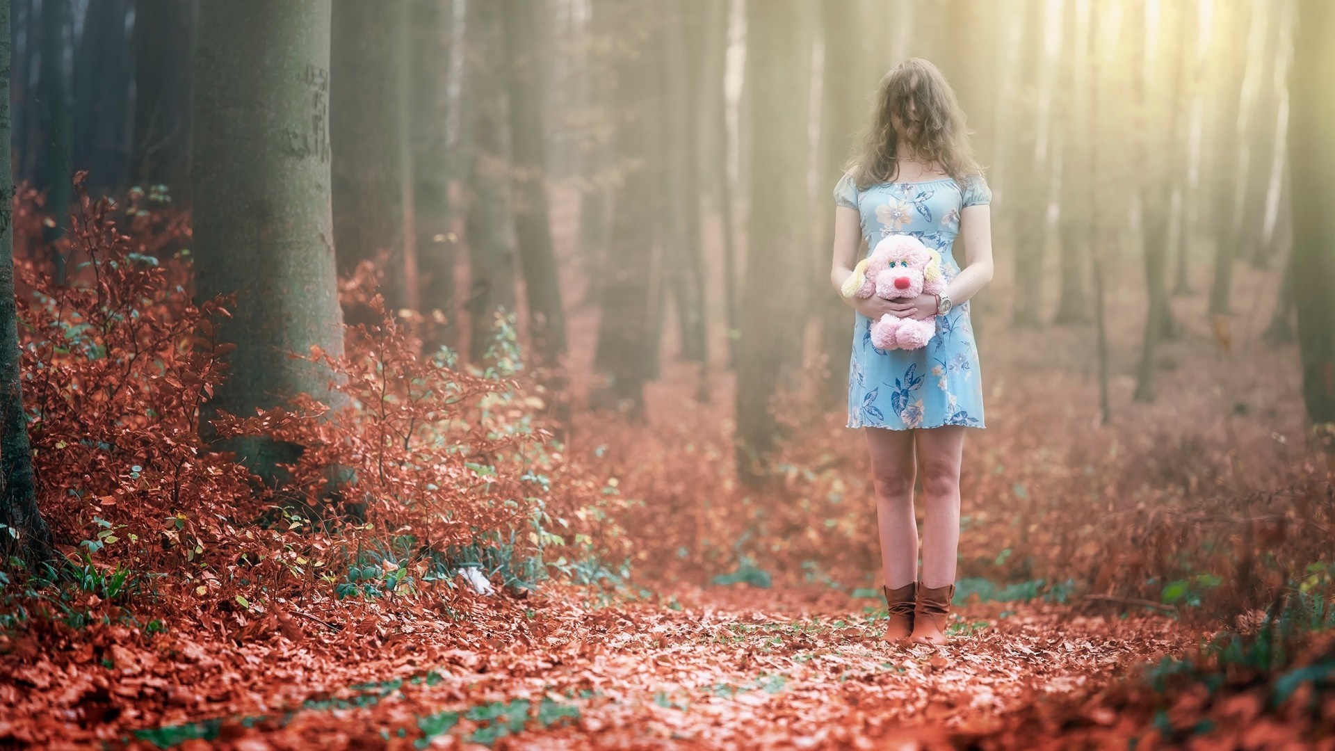 Girl holding stuffed animal in autumn forest HD Wallpaper