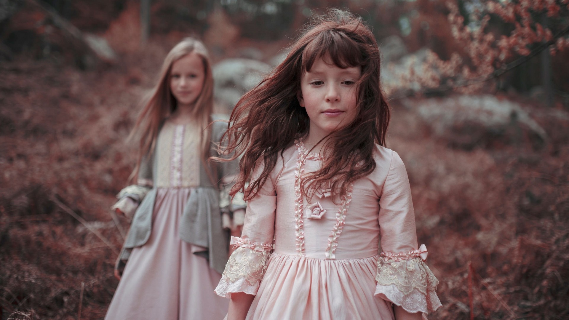 Two girls in vintage dresses in an autumn forest HD Wallpaper