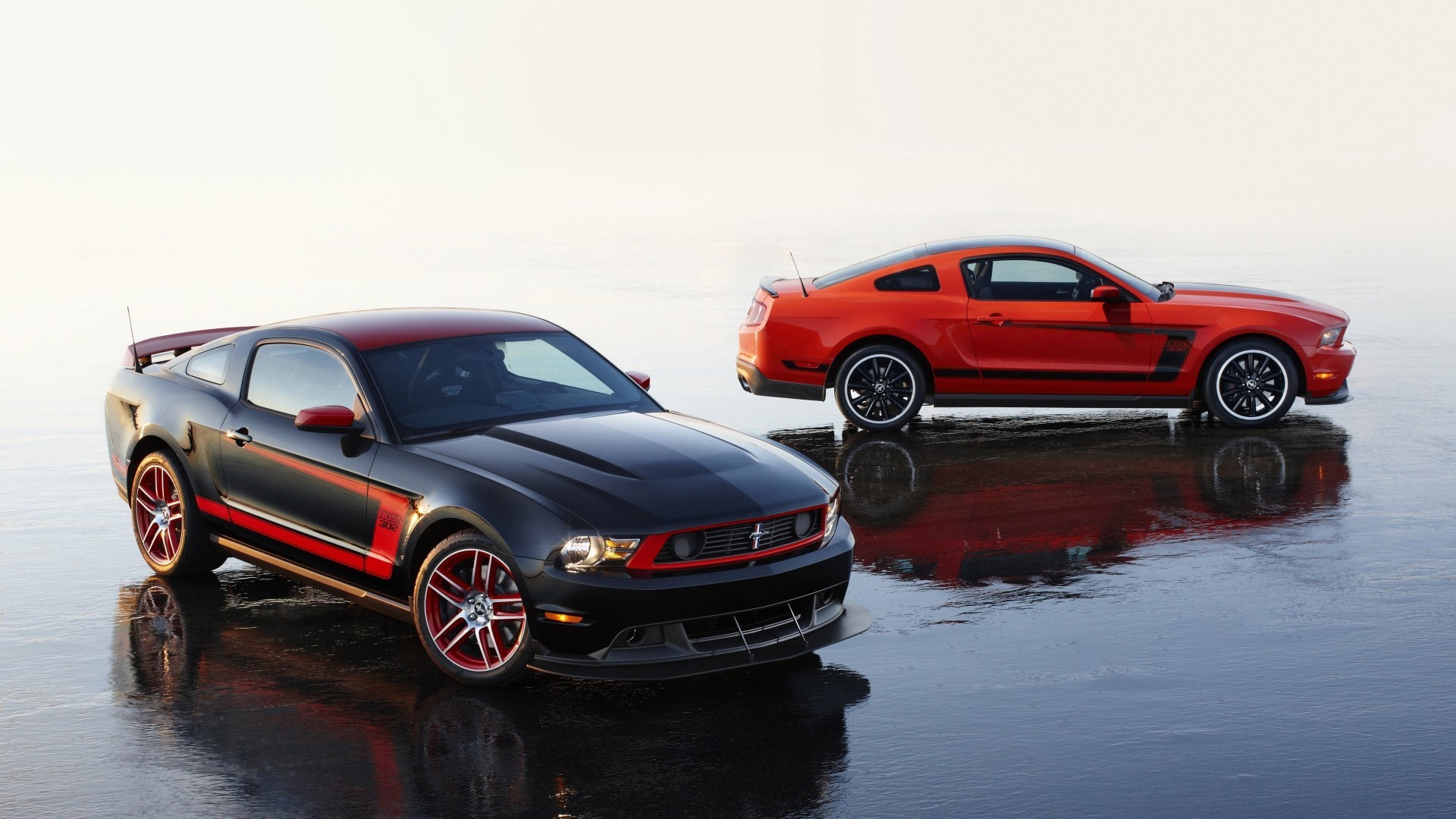 Two Ford Mustang Boss 302 cars on wet surface HD Wallpaper