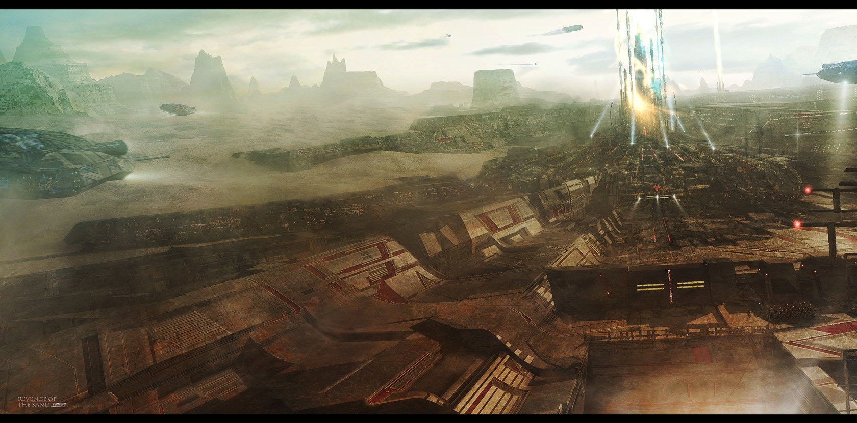 Sci-fi landscape with futuristic structures and flying vehicles HD Wallpaper