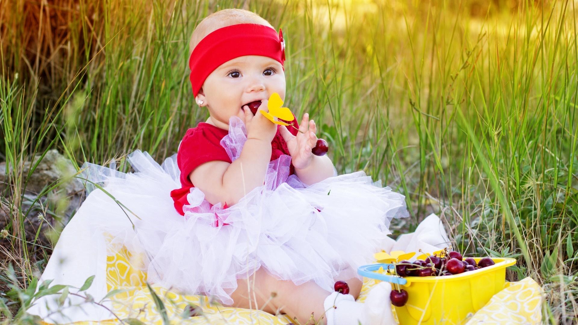 Baby girl in red and white tutu with cherries HD Wallpaper