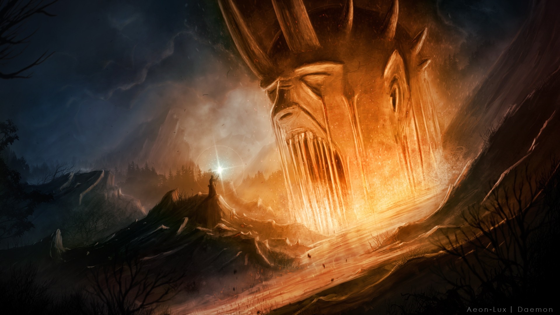 Giant stone face overlooking a desolate landscape HD Wallpaper
