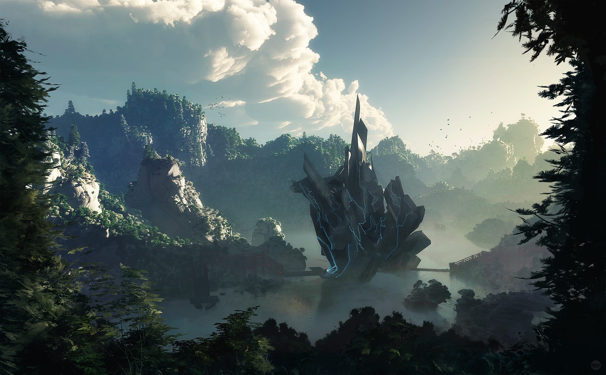Futuristic structure in a misty mountain forest HD Wallpaper