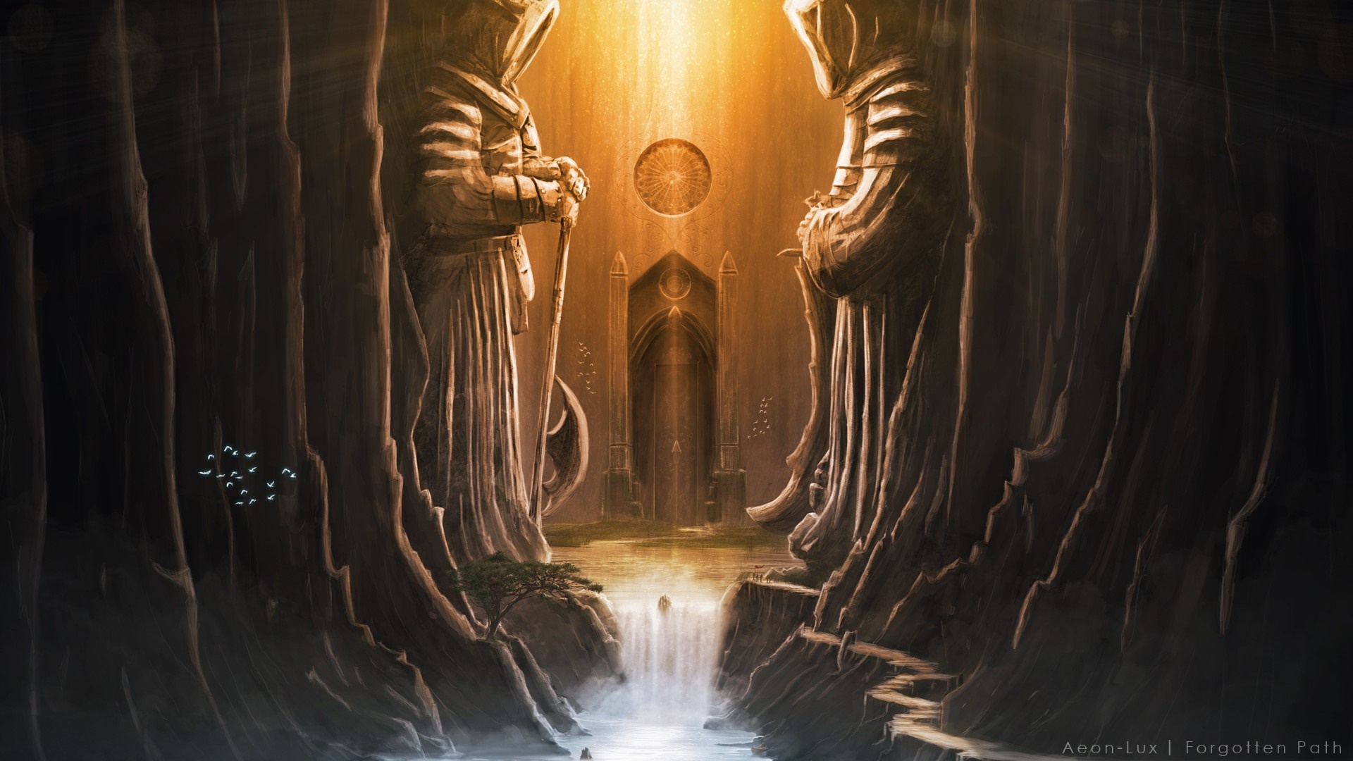 Two stone statues guarding a path to a glowing temple HD Wallpaper