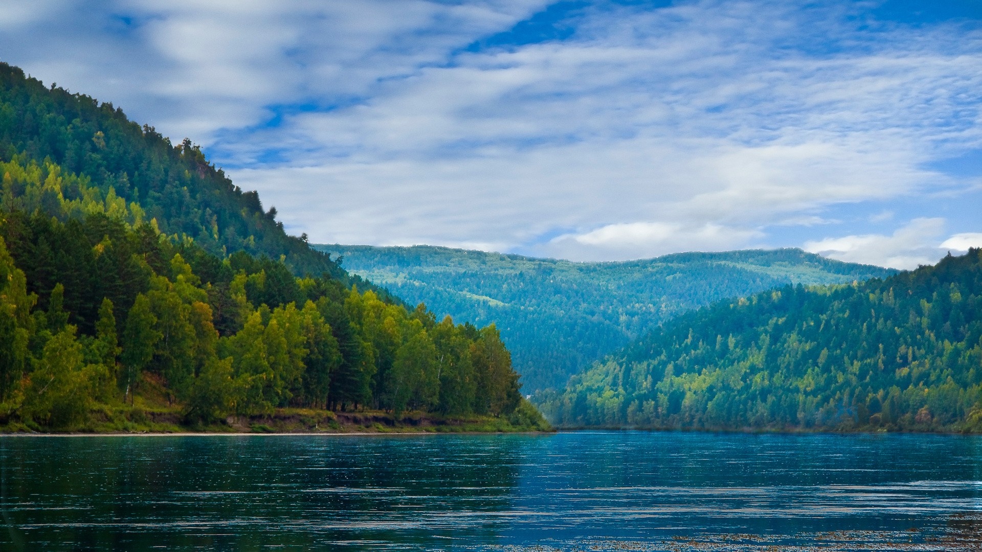 River flowing through a forested mountain valley under a cloudy sky HD Wallpaper