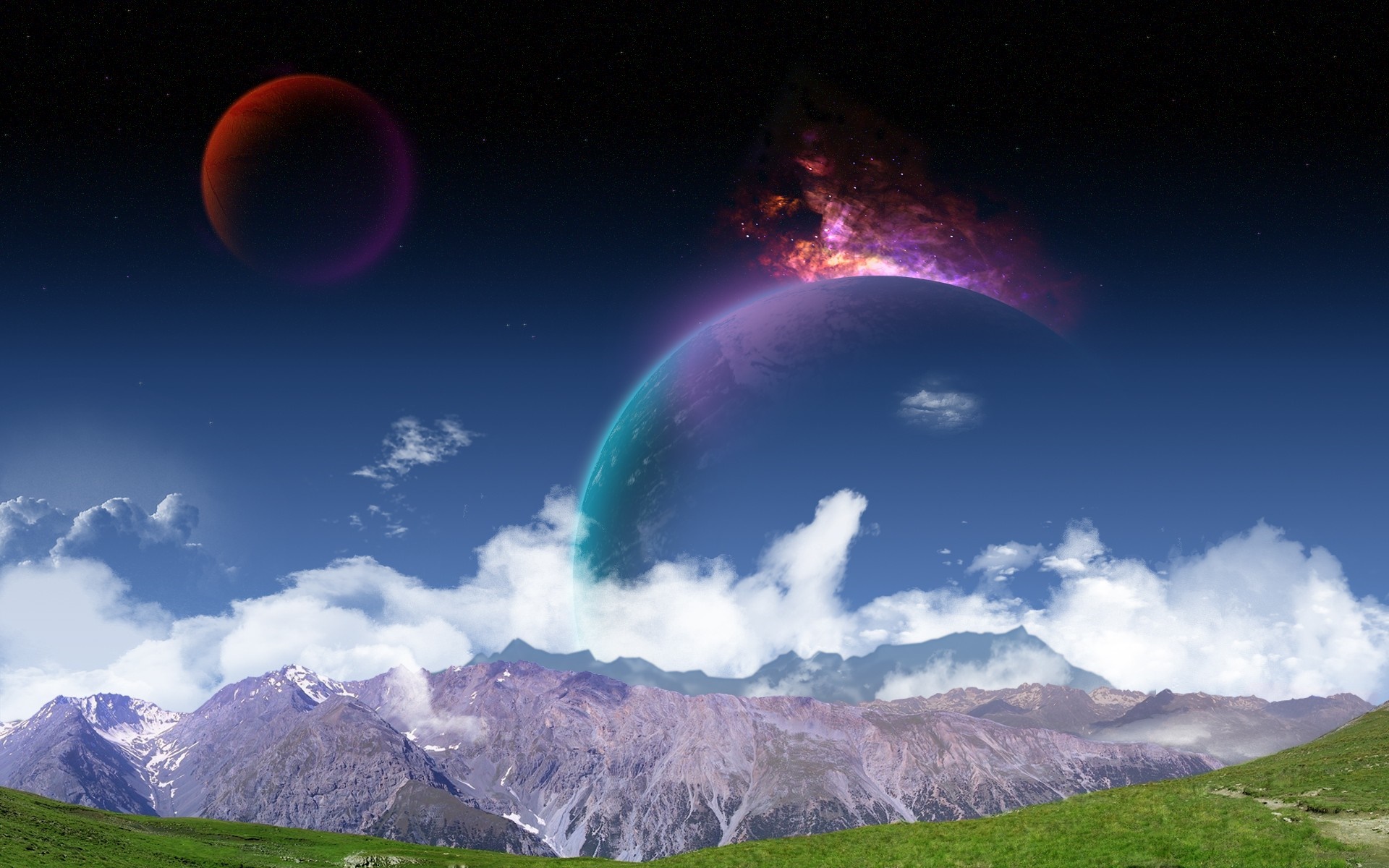 Digital art of planets and mountains in space HD Wallpaper
