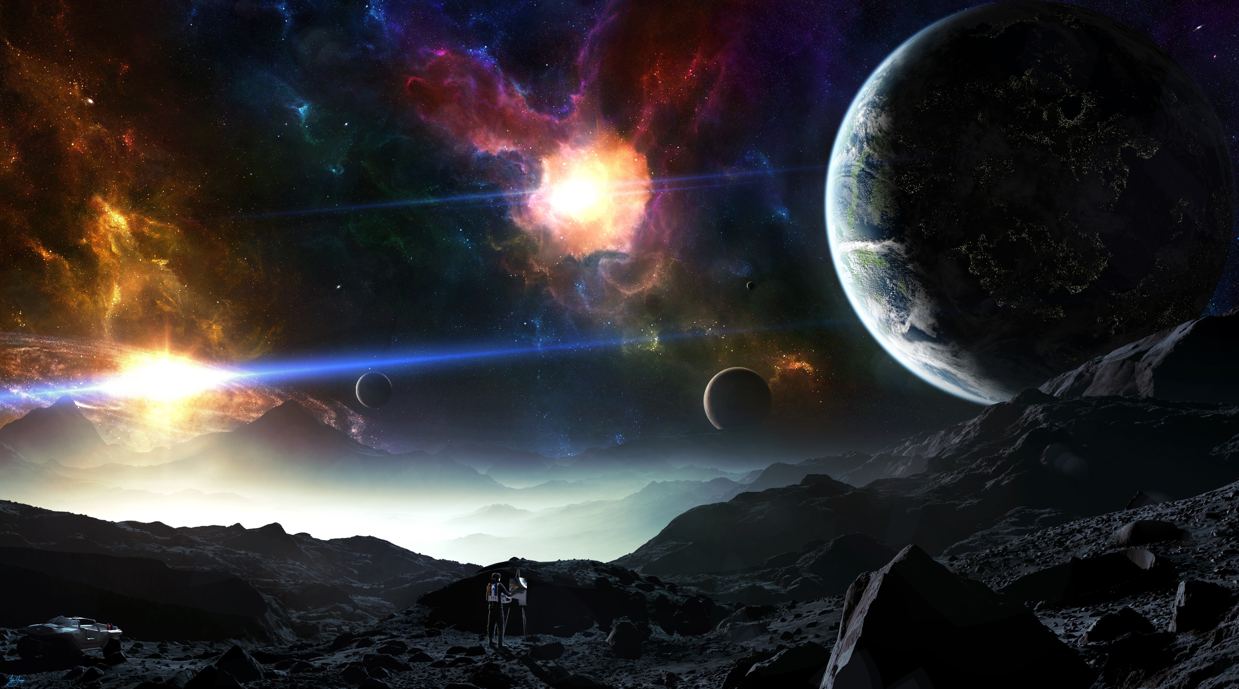 Alien planet landscape with nebulae and planets HD Wallpaper