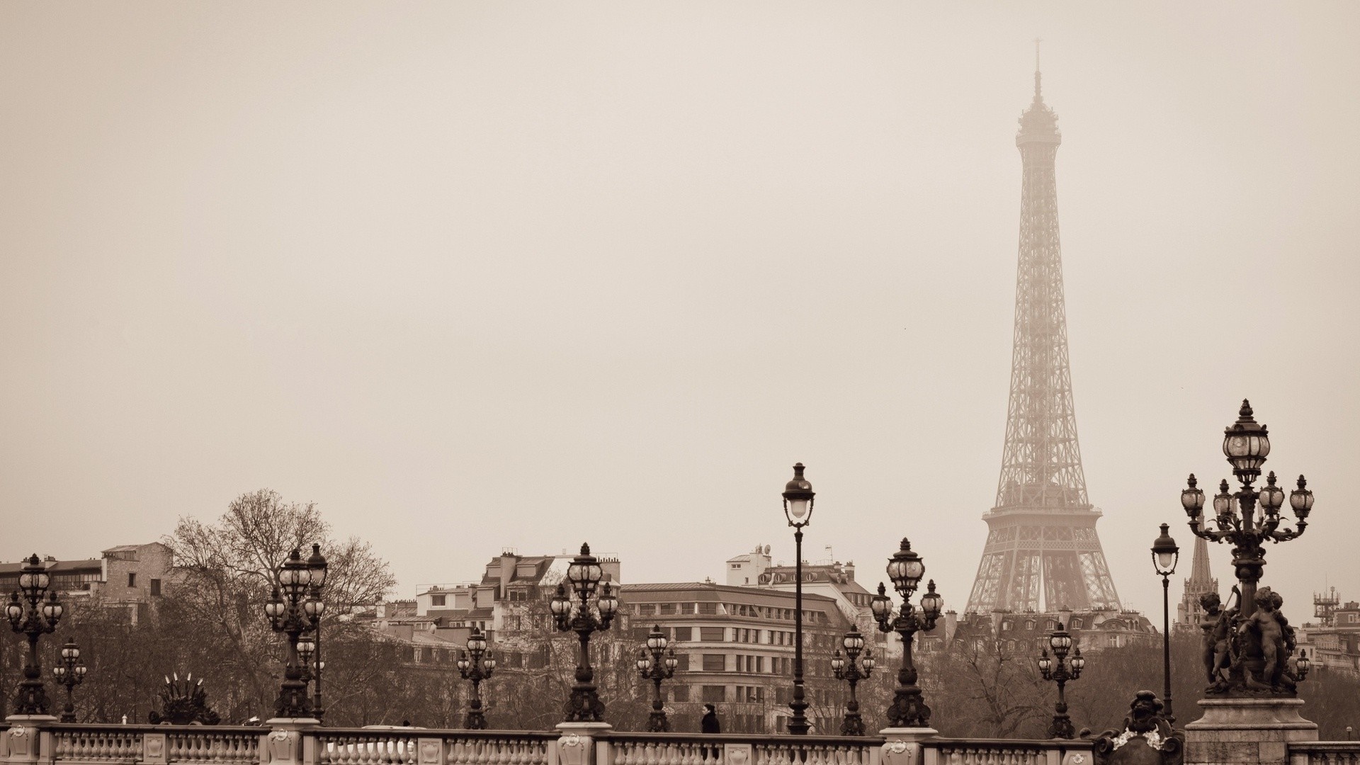 Eiffel Tower and Paris cityscape with ornate lampposts HD Wallpaper