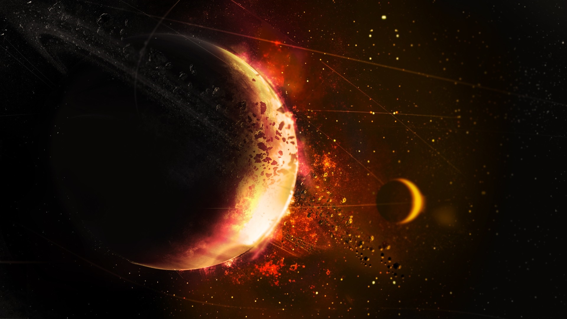 Planetary collision with rings and a moon HD Wallpaper