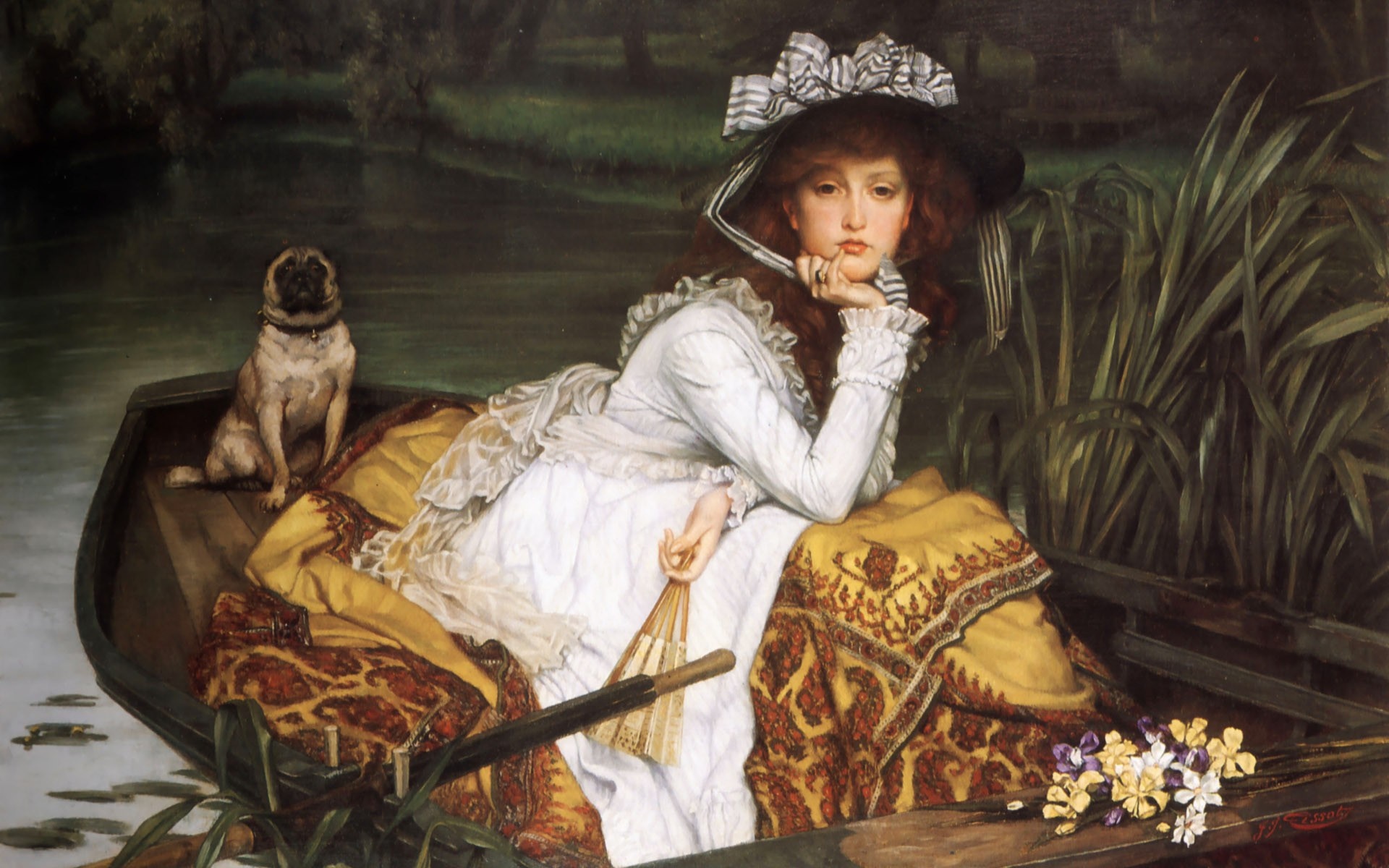 Woman and Pug in a Boat HD Wallpaper