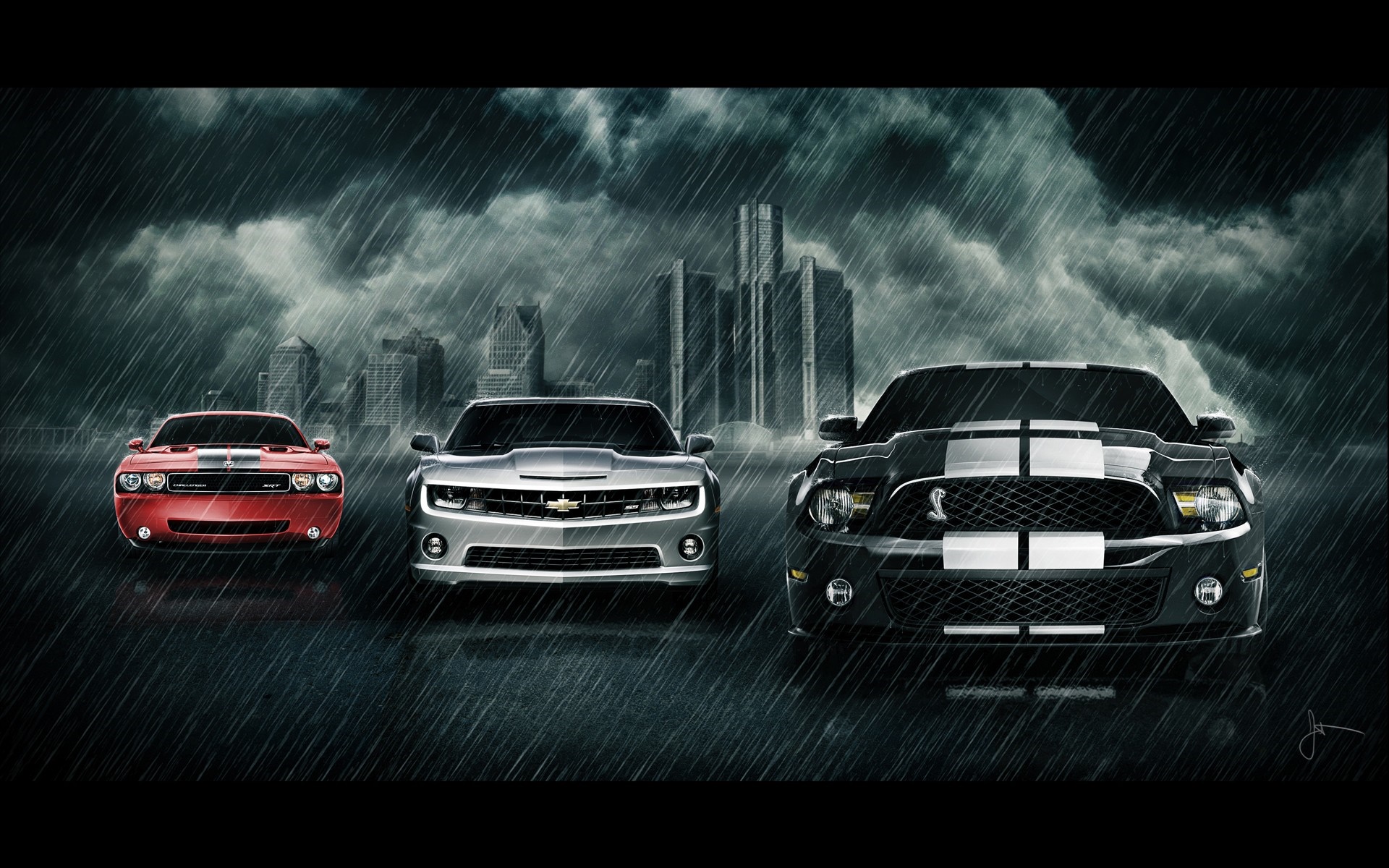 Three muscle cars in the rain with city skyline HD Wallpaper