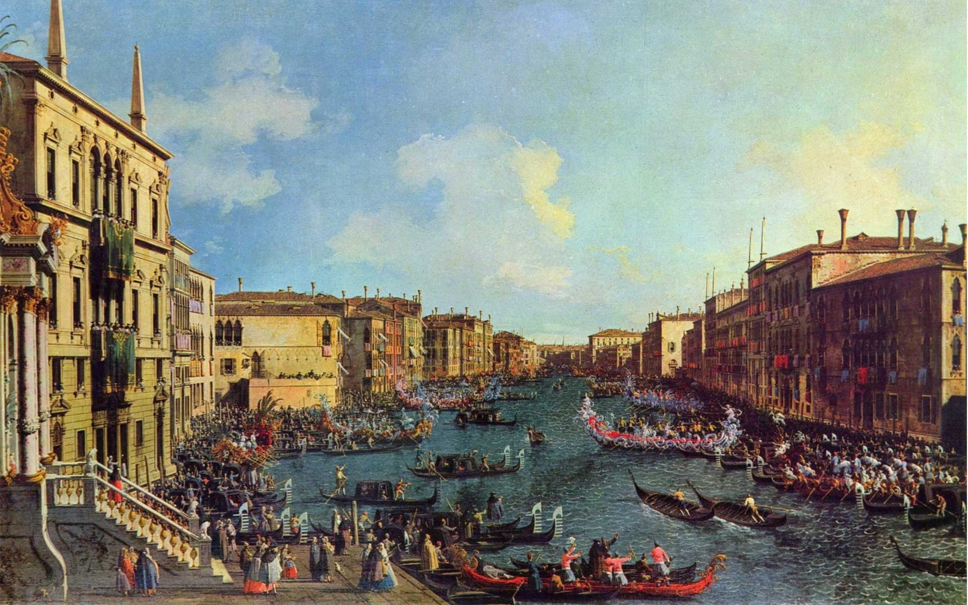 A painting of a crowded canal in Venice with many boats and buildings HD Wallpaper