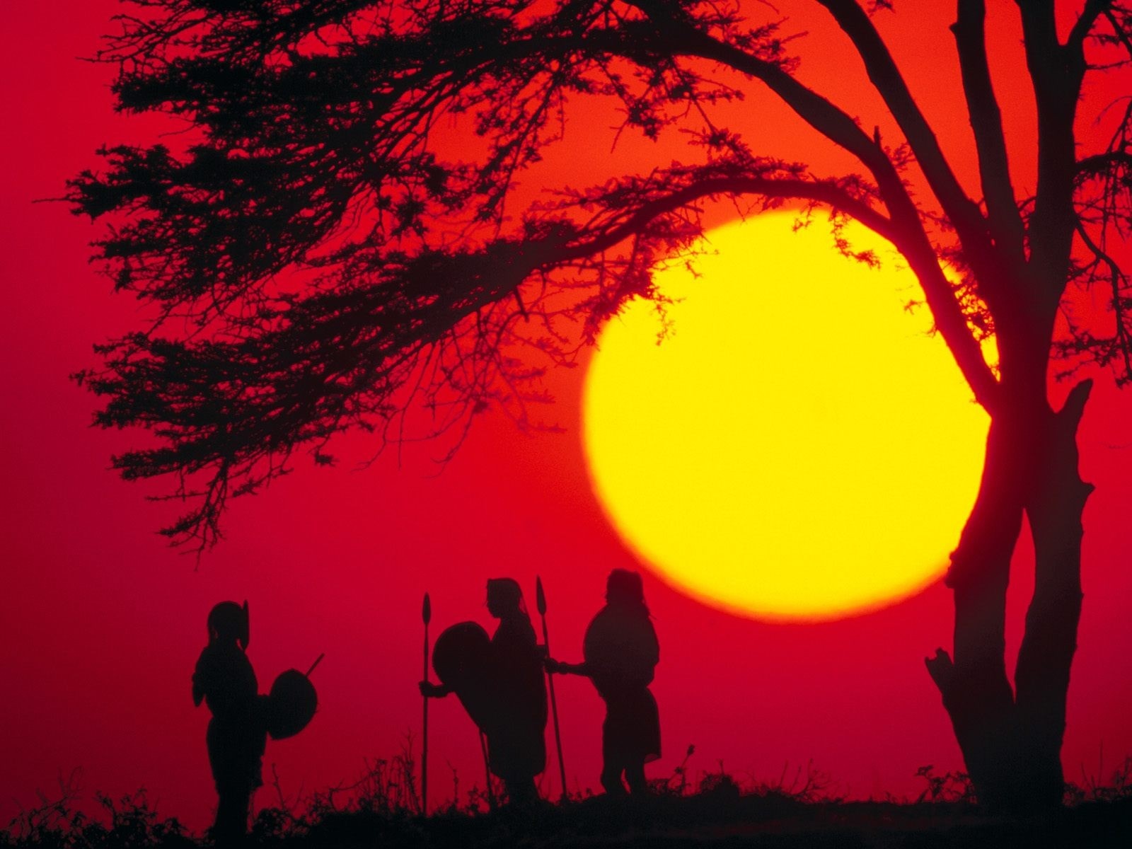 Silhouettes of warriors with shields and spears at sunset HD Wallpaper