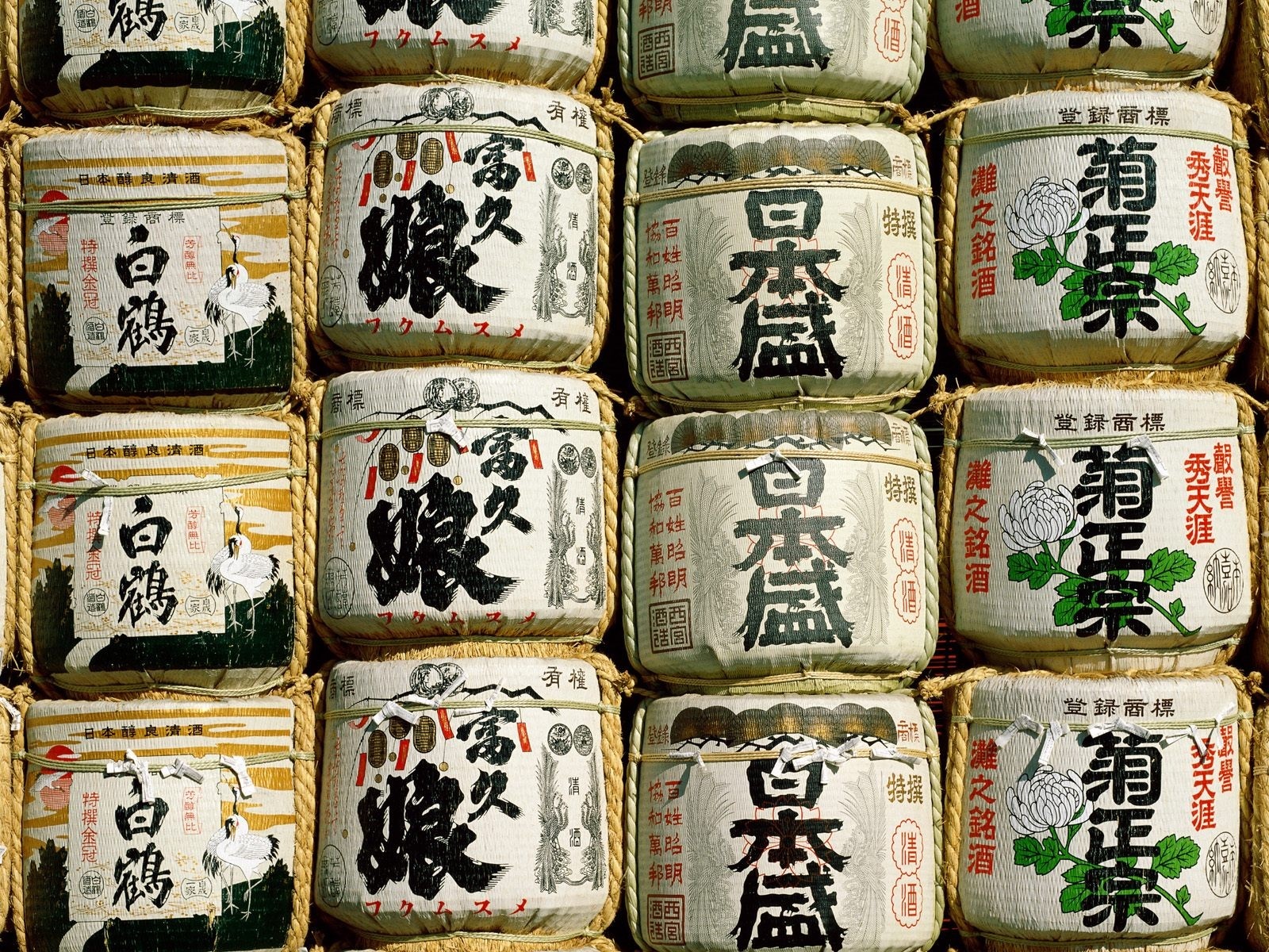 Japanese sake barrels with calligraphy and illustrations HD Wallpaper