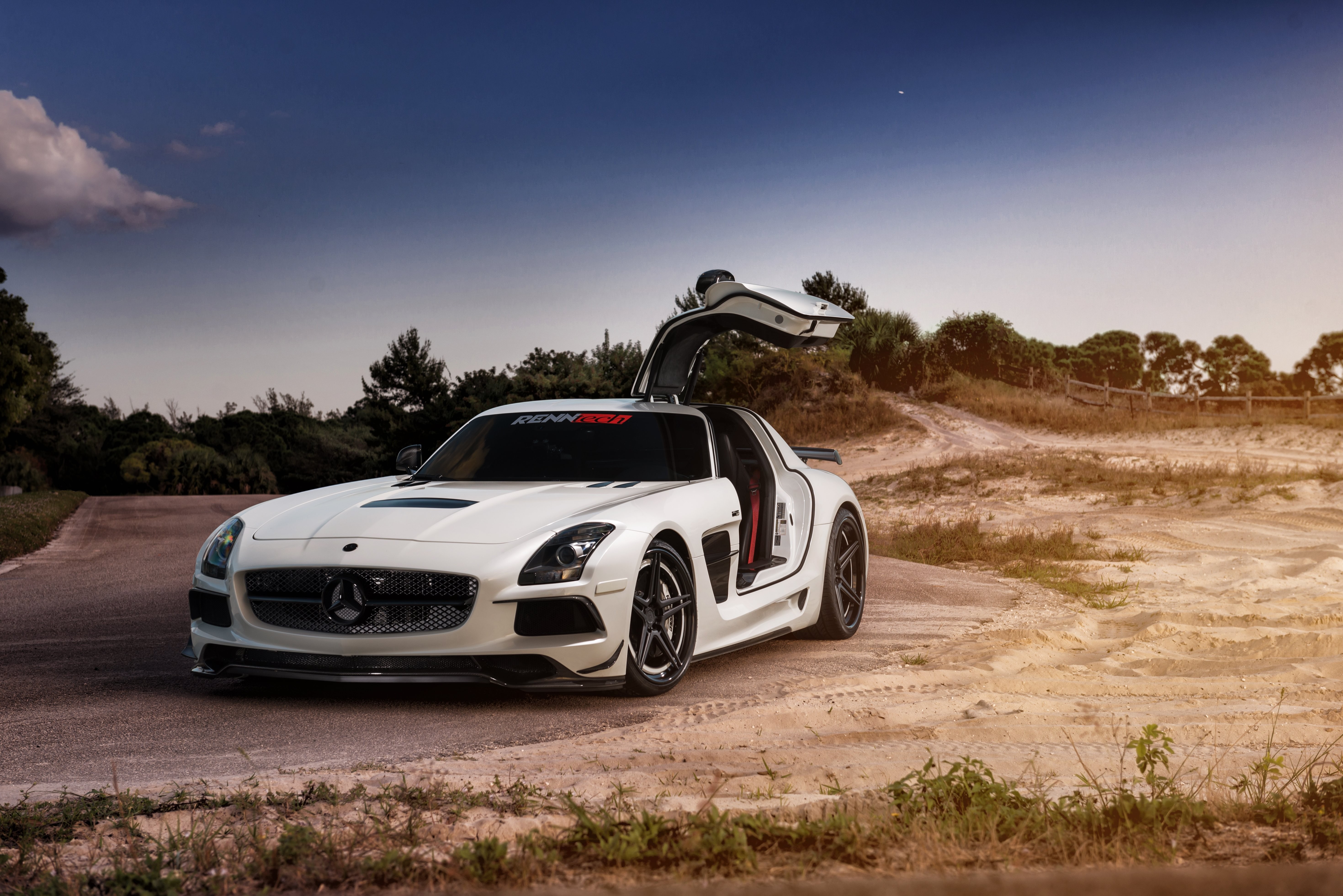 White Mercedes-Benz SLS AMG with Gullwing Doors HD Wallpaper