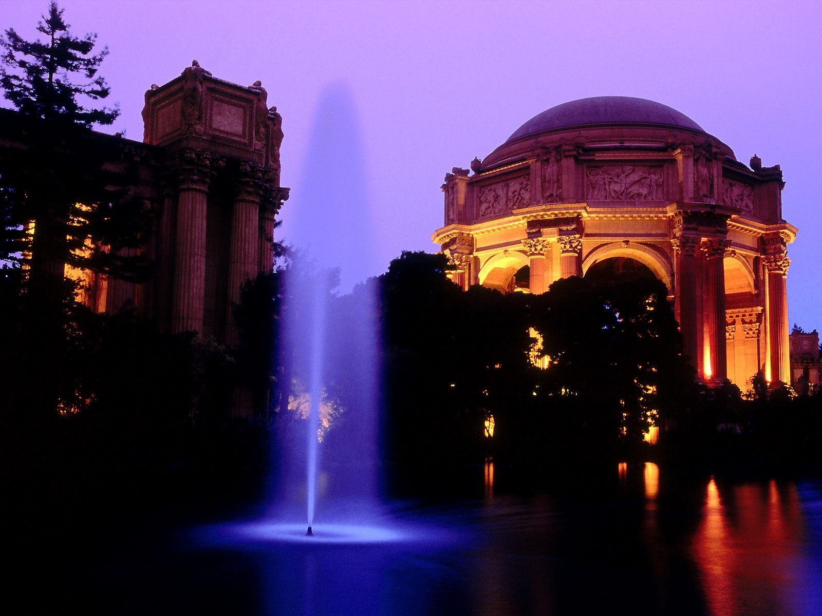 Palace of Fine Arts at dusk with fountain HD Wallpaper