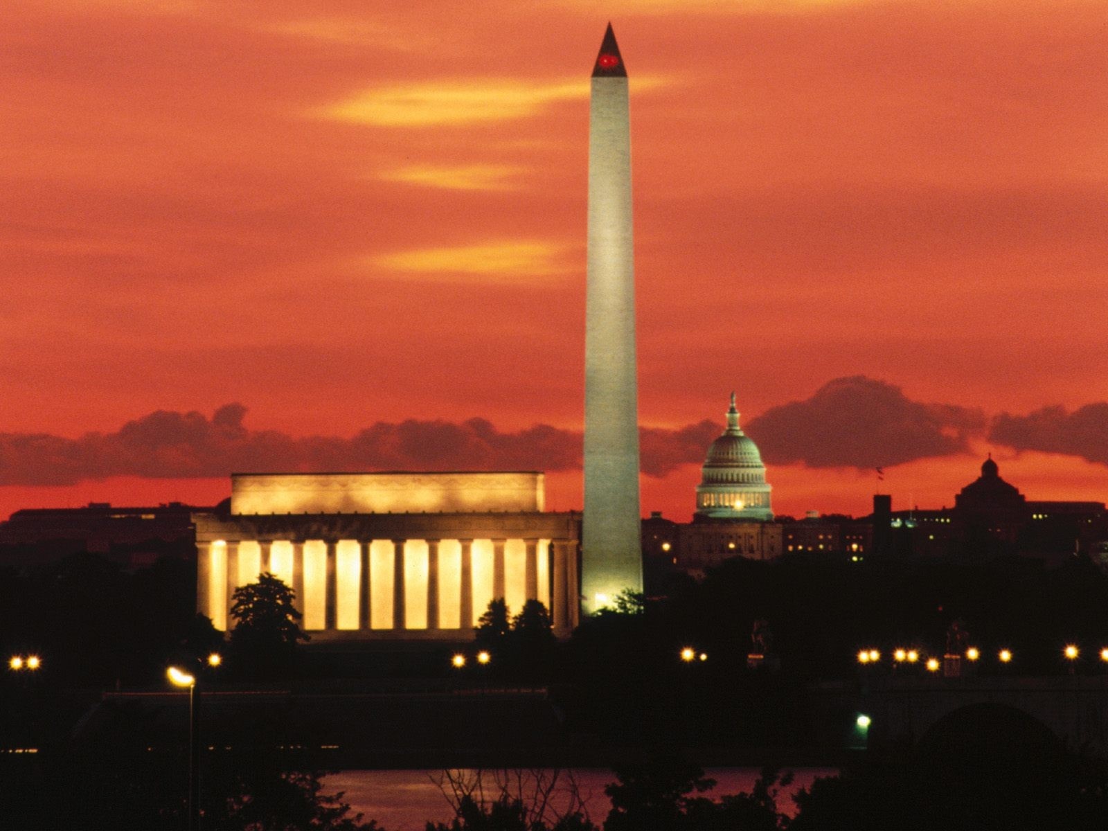Washington D.C. skyline at sunset with monuments HD Wallpaper